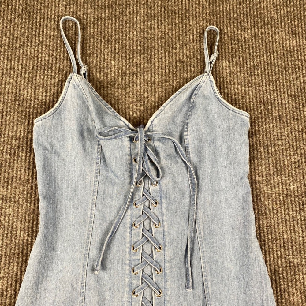 Story On Light Wash Denim Lace Up Front Mini Dress Bodycon Small - Picture 2 of 9